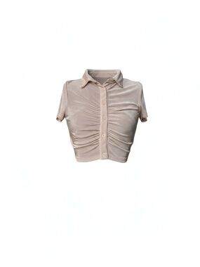 Wet Seal Shimmery Ruched Cropped Button-Down Top in Beige